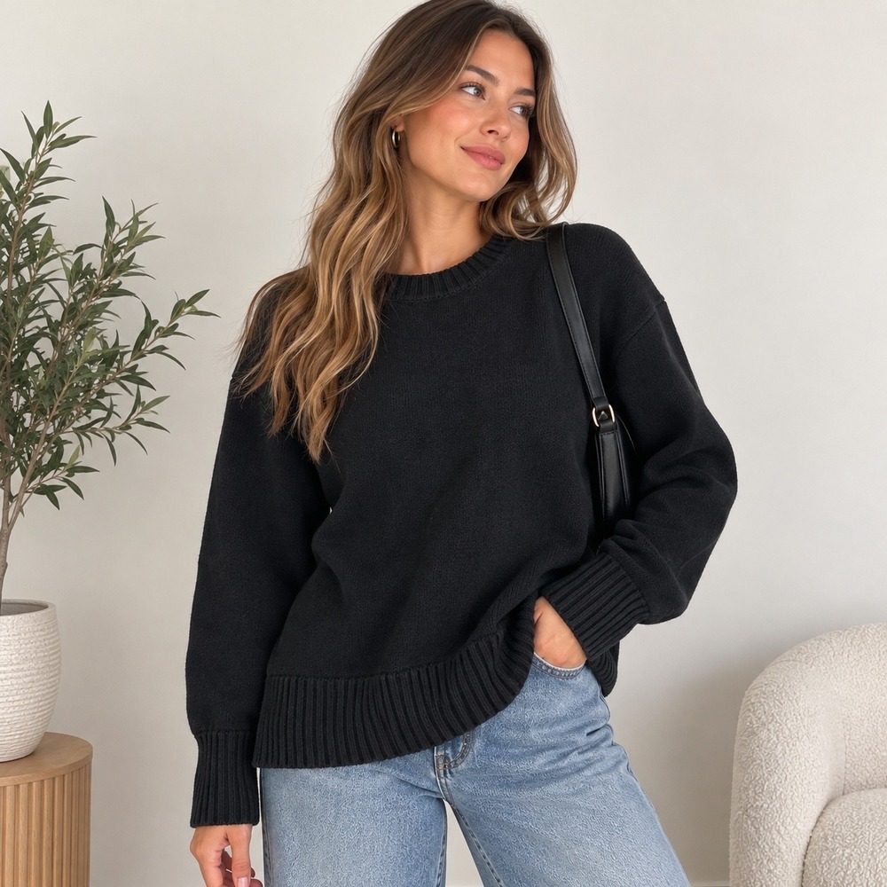 Merokeety Womens Oversized Crewneck Sweater Black Ribbed Hem Side Slit XL NWT